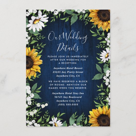 Navy Blue Sunflower Rustic Wedding Informatiekaartje (Voorkant)