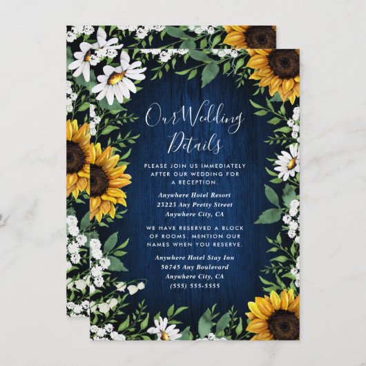 Navy Blue Sunflower Rustic Wedding Informatiekaartje (Voorkant / Achterkant)