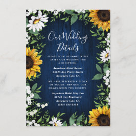 Navy Blue Sunflower Rustic Wedding Informatiekaartje