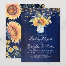 Navy Blue Sunflower Rustic Wedding Invitations