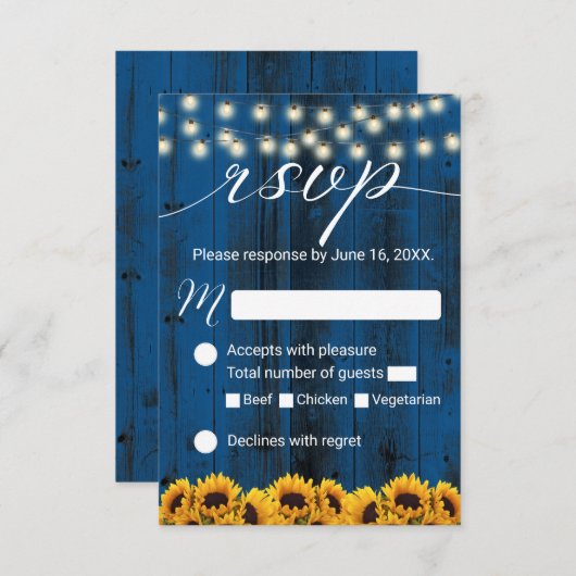 Navy Blue Sunflower Rustic Wedding RSVP (Voorkant / Achterkant)