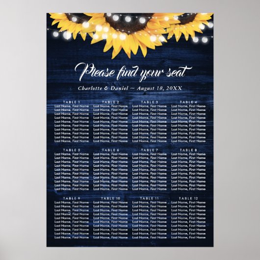 Navy Blue Sunflower Rustic Wood Seating Chart 12 Poster (Voorkant)
