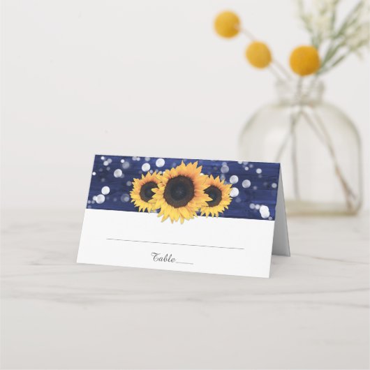 Navy Blue Sunflower Rustic Wood Weddenschap Plaatskaartje (Voorkant)