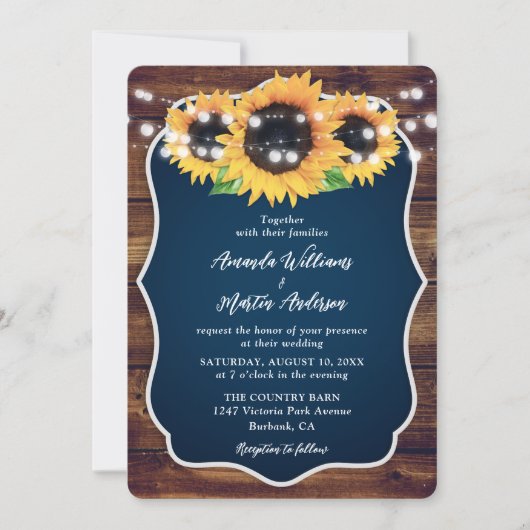 Navy Blue Sunflower Rustic Wood Wedding Kaart (Voorkant)