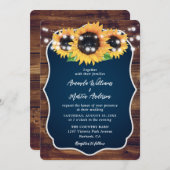 Navy Blue Sunflower Rustic Wood Wedding Kaart (Voorkant / Achterkant)