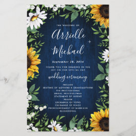 Navy Blue Sunflower Rustic Wood Wedding Programs