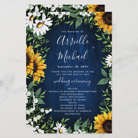 Navy Blue Sunflower Rustic Wood Wedding Programs (Voorkant / Achterkant)