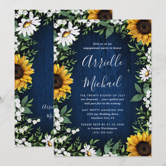 Navy Blue Sunflower Rustieke Boho Engagement Party Kaart (Voorkant / Achterkant)