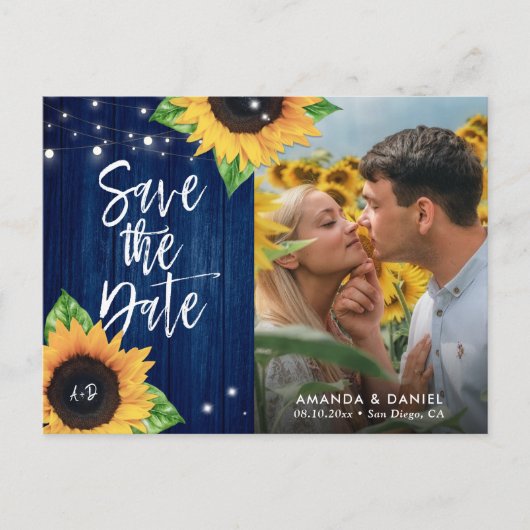 Navy Blue Sunflower Save the Date Photo Briefkaart (Voorkant)