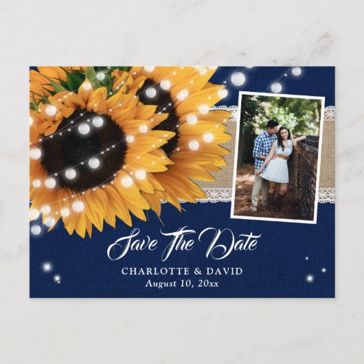 Navy Blue Sunflower Save the Date Photo Briefkaart (Voorkant)