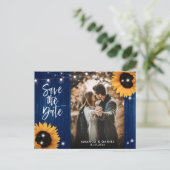 Navy Blue Sunflower Save the Date Photo Briefkaart (Staand voorkant)