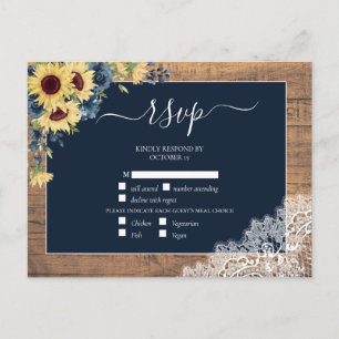 Navy Blue Sunflower Script Lace Wood Weddenschap R Uitnodiging Briefkaart
