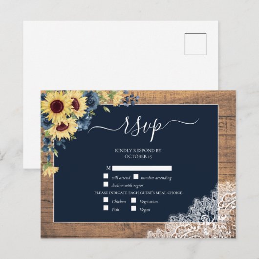 Navy Blue Sunflower Script Lace Wood Weddenschap R Uitnodiging Briefkaart (Voorkant / Achterkant)