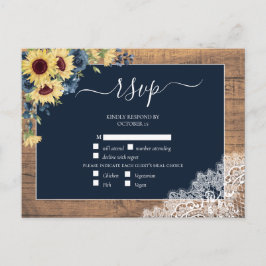 Navy Blue Sunflower Script Lace Wood Weddenschap R Uitnodiging Briefkaart