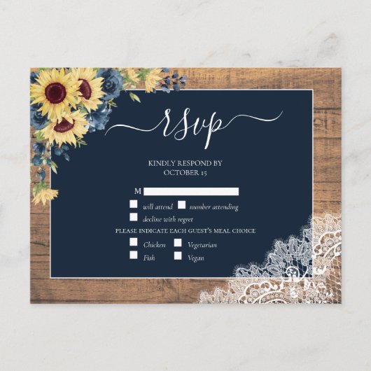 Navy Blue Sunflower Script Lace Wood Weddenschap R Uitnodiging Briefkaart (Voorkant)