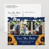 Navy Blue Sunflower Weddenfoto bewaart de datum Aankondigingskaart (Voorkant / Achterkant)