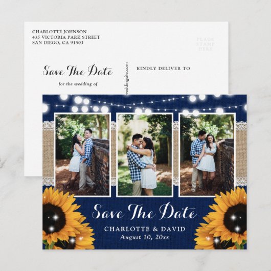 Navy Blue Sunflower Weddenfoto bewaart de datum Aankondigingskaart (Voorkant / Achterkant)