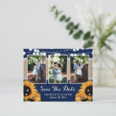 Navy Blue Sunflower Weddenfoto bewaart de datum Aankondigingskaart (Staand voorkant)
