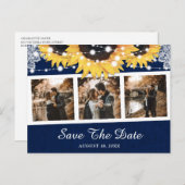 Navy Blue Sunflower Weddenfoto bewaart de datum Aankondigingskaart (Voorkant / Achterkant)