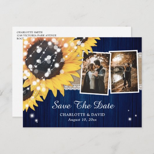 Navy Blue Sunflower Weddenfoto bewaart de datum Aankondigingskaart (Voorkant / Achterkant)