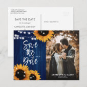 Navy Blue Sunflower Weddenfoto bewaart de datum Aankondigingskaart (Voorkant / Achterkant)