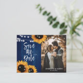 Navy Blue Sunflower Weddenfoto bewaart de datum Aankondigingskaart (Staand voorkant)