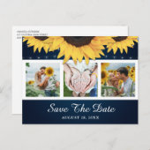 Navy Blue Sunflower Weddenfoto bewaart de datum Aankondigingskaart (Voorkant / Achterkant)