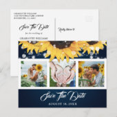 Navy Blue Sunflower Weddenfoto bewaart de datum Aankondigingskaart (Voorkant / Achterkant)