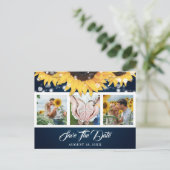 Navy Blue Sunflower Weddenfoto bewaart de datum Aankondigingskaart (Staand voorkant)