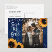 Navy Blue Sunflower Weddenfoto bewaart de datum Aankondigingskaart (Voorkant / Achterkant)