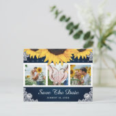 Navy Blue Sunflower Weddenfoto bewaart de datum Aankondigingskaart (Staand voorkant)