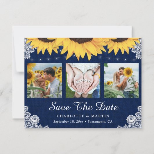 Navy Blue Sunflower Weddenfoto bewaart de datum Save The Date (Voorkant)