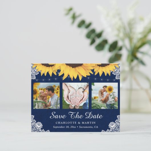 Navy Blue Sunflower Weddenfoto bewaart de datum Save The Date (Staand voorkant)