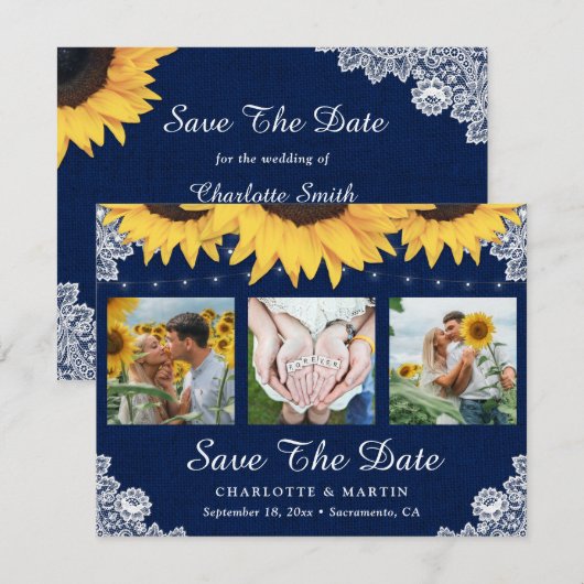Navy Blue Sunflower Weddenfoto bewaart de datum Save The Date (Voorkant / Achterkant)