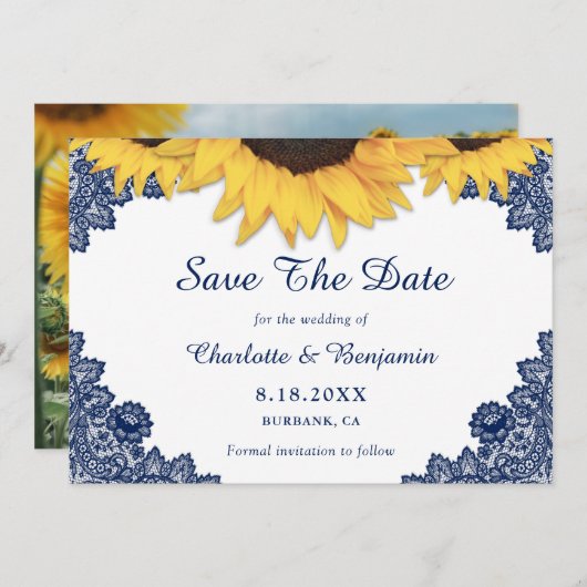 Navy Blue Sunflower Weddenfoto bewaart de datum Save The Date (Voorkant / Achterkant)