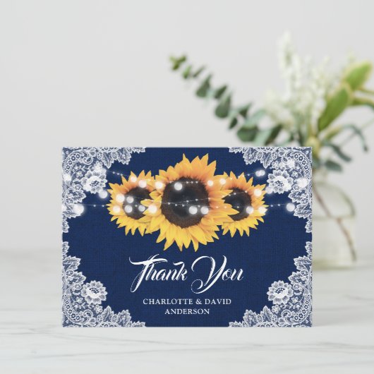 Navy Blue Sunflower Weddenschap Hartelijk dank Bedankkaart (Staand voorkant)