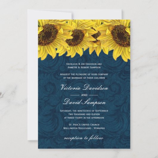 Navy Blue Sunflower Wedding Invitation Kaart (Voorkant)