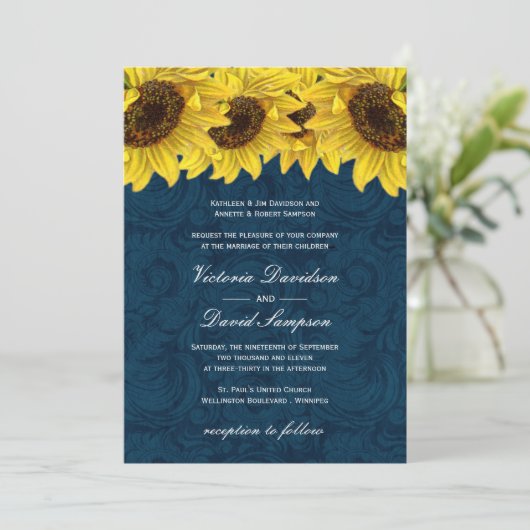 Navy Blue Sunflower Wedding Invitation Kaart (Staand voorkant)