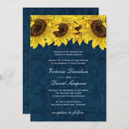 Navy Blue Sunflower Wedding Invitation Kaart (Voorkant / Achterkant)