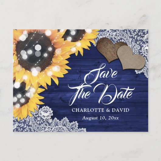 Navy Blue Sunflower Wedding Save the Date Aankondigingskaart (Voorkant)