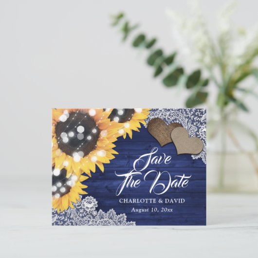 Navy Blue Sunflower Wedding Save the Date Aankondigingskaart (Staand voorkant)