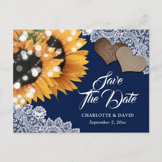 Navy Blue Sunflower Wedding Save the Date Briefkaa Aankondigingskaart (Voorkant)
