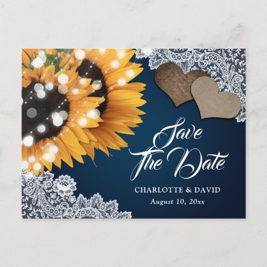 Navy Blue Sunflower Wedding Save the Date Briefkaa Aankondigingskaart (Voorkant)
