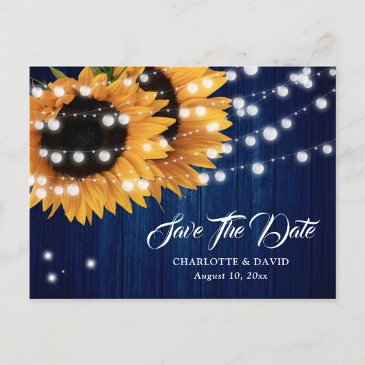 Navy Blue Sunflower Wedding Save the Date Briefkaa Aankondigingskaart (Voorkant)
