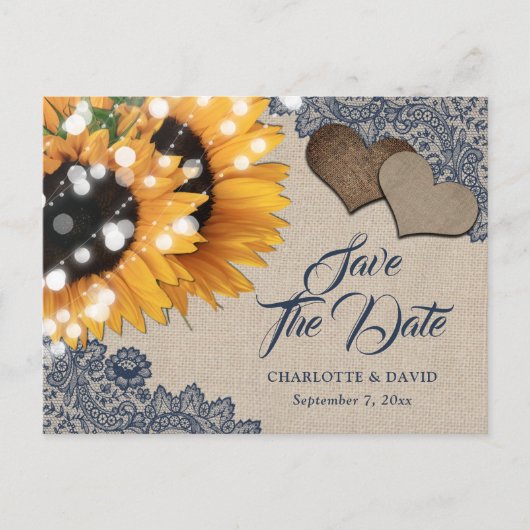 Navy Blue Sunflower Wedding Save the Date Briefkaa Aankondigingskaart (Voorkant)