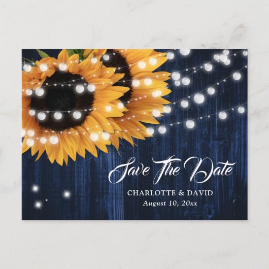 Navy Blue Sunflower Wedding Save the Date Briefkaa Aankondigingskaart (Voorkant)