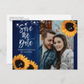Navy Blue Sunflower Wedding Save the Date Photo Briefkaart (Voorkant / Achterkant)