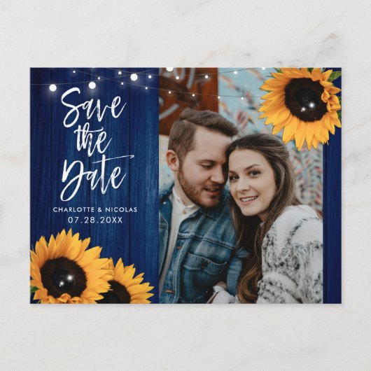 Navy Blue Sunflower Wedding Save the Date Photo Briefkaart (Voorkant)