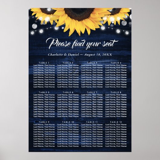 Navy Blue Sunflower Wedding Seating Chart 12 Poster (Voorkant)