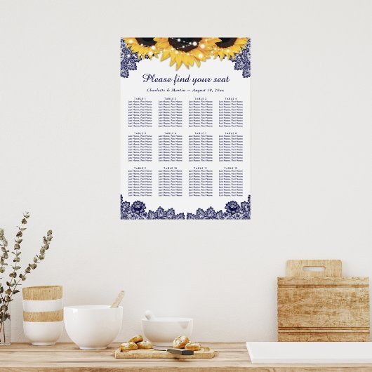 Navy Blue Sunflower Wedding Seating Chart 12 Poster (Keuken)